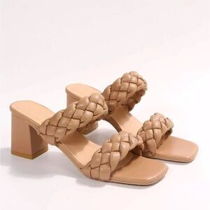 Vacation Apricot Sandals For Women, Braided Detail Chunky Heeled Mule Sandals